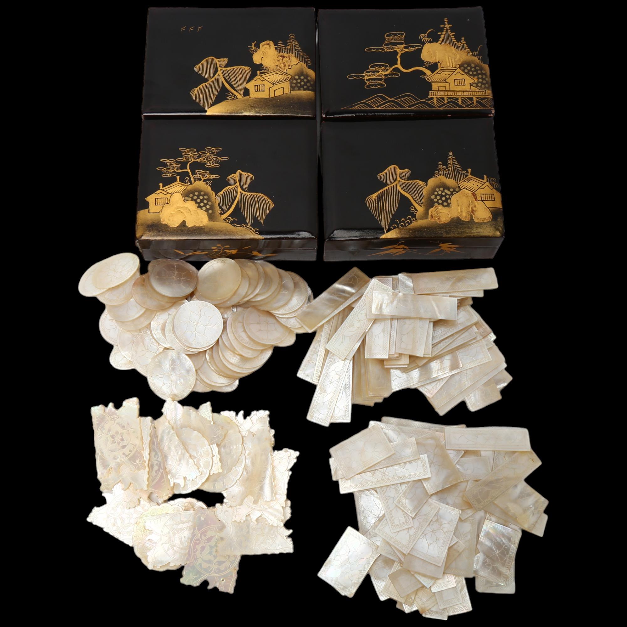 4 x 19th century Chinese gilded lacquer gaming boxes, containing a collection of mother-of-pearl