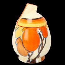 Clarice Cliff Fantasque Bizarre Orange Autumn preserve pot and cover, 1931, height 12.5cm Lid has
