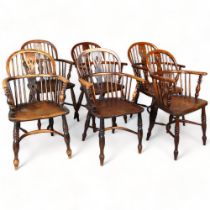 A set of 6 x 19th century Nottingham bow arm Windsor chairs, with pierced splat-backs and