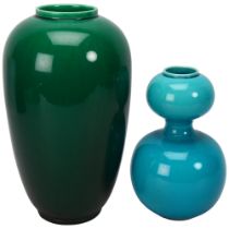 Bermantoft's Pottery, jade green vase, height 22cm, and turquoise pottery double-gourd vase,