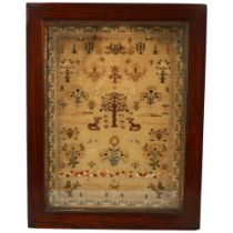 A Regency needlework sampler, by Elizabeth Sumsby aged 14 years 1827, overall frame dimensions