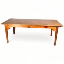 A French fruitwood refectory style farmhouse table, with plank top and square tapered legs, 206 x