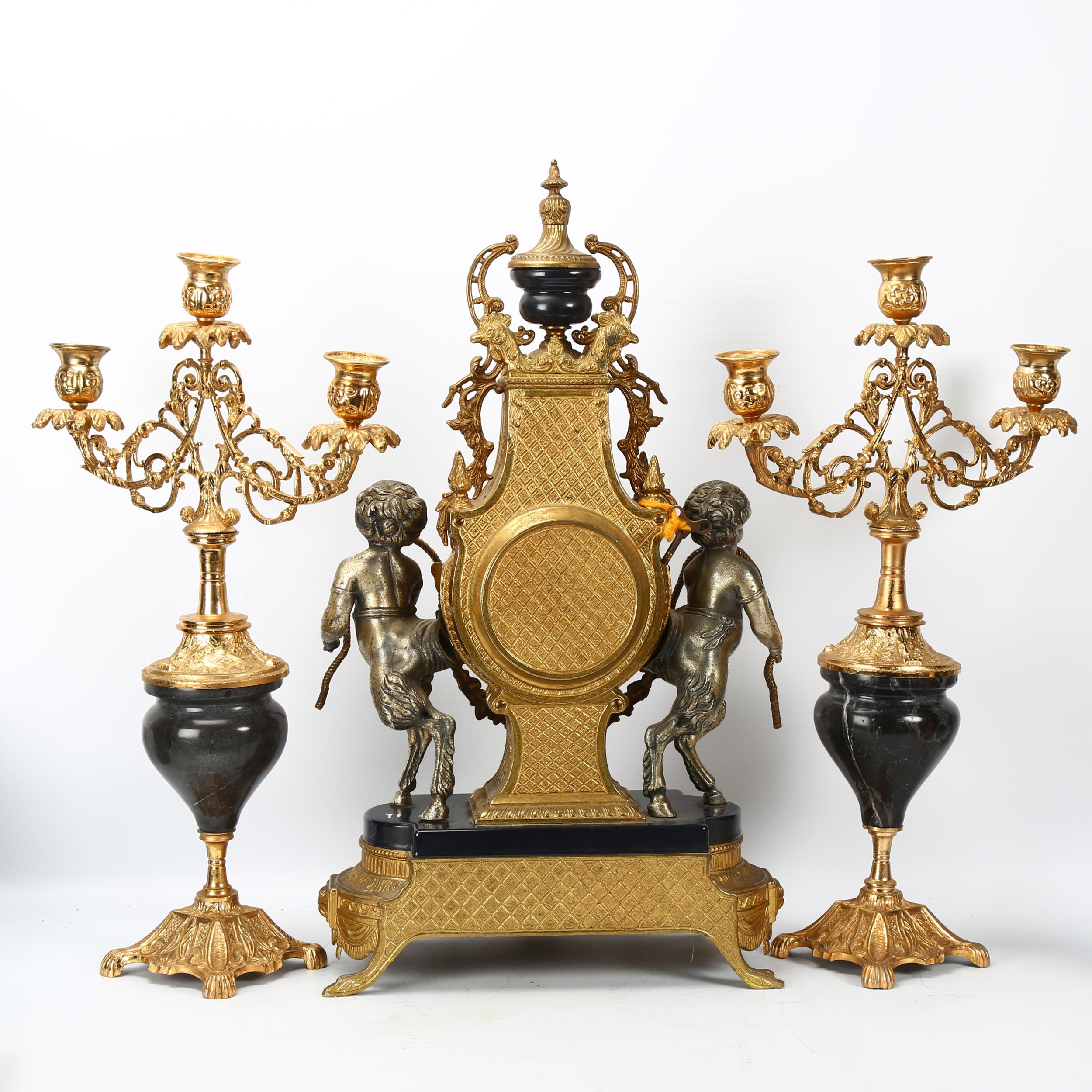 An ornate Rococo style gilt-bronze cased 3-piece clock garniture, 8-day striking movement, clock - Image 3 of 3