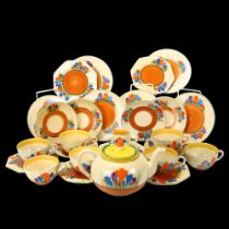 Clarice Cliff Bizarre Crocus pattern tea set for 6 people, 1929 Teapot has a modern replacement lid,