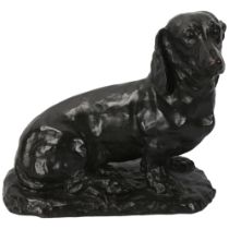 A 20th century patinated bronze Dachshund seated dog, signed to base Carin Trygger, height 25cm,