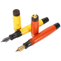 2 Parker Lady Duofold Lucky Curve fountain pens, Mandarin yellow and orange, circa 1920s with 14ct