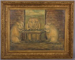 Pigs playing cards, caricature oil on board, signed with monogram, 33cm x 44cm, framed and glazed