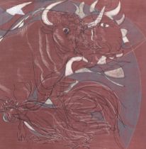 Hans Erni, bull and figure, original lithograph, circa 1960s, image 30cm x 30cm Good condition