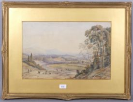 Early 19th century English School, extensive valley landscape, watercolour, unsigned, 31cm x 49cm,