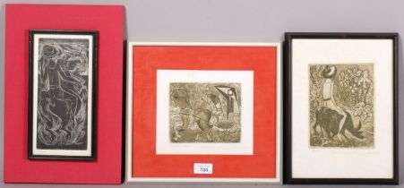 3 x 20th century surrealist etchings, all indistinctly signed in pencil, largest plate size 12cm x