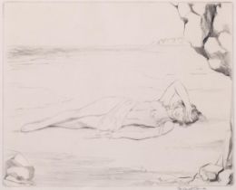 Naked figure at the shore, drypoint etching, indistinctly signed in pencil Margaret C..., image 22cm