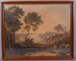 19th century English School, castle ruins in extensive river landscape, watercolour, unsigned,