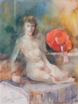 Clay Saunders (born 1971), nude life study, watercolour, signed, 34cm x 26cm, framed Good condition