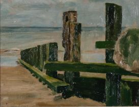 John LINFIELD (British b.1930), Lancing Beach Breakwaters, oil on board, 23cm x 18cm, signed and