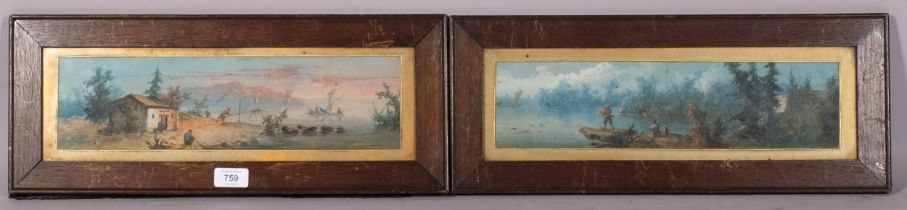 Chinese School, pair of 19th century harbour scenes, watercolour on paper, unsigned, 10cm x 38cm,