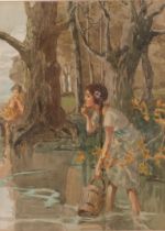 Girl collecting water from a lake, early 20th century watercolour, unsigned, 27cm x 20cm, framed