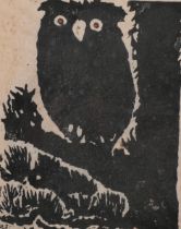 Iwao Akiyama (1921 - 2014), owl on a branch, woodcut print, signed in pencil, sheet 59cm x 45cm,
