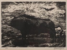 Mid-20th century lithograph, Bull, indistinctly signed in pencil, dated '52, no. 9/10, image 26cm