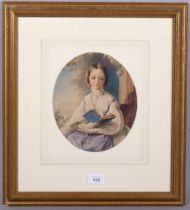 Alfred Edward Chalon RA (1780 - 1860), study of a girl reading a book, oval watercolour, signed with