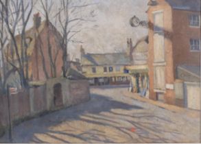 Mid-20th century British School, street scene Bexhill Old Town, oil on board,