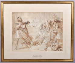 Alfred Edward Chalon RA, the return of Lambro, sepia watercolour sketch, signed, 33cm x 44cm, framed