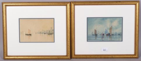 Pair of impressionist beach scenes, watercolour on blue and brown paper, unsigned, 13cm x 20cm,