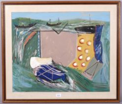 St Ives / Cornish School, St Ives Early Boats , unsigned, acrylic on board, 70cm x 57cm, framed