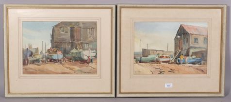 Alan R Cook, harbour buildings, pair of watercolours, signed, 26cm x 36cm, framed Images in good