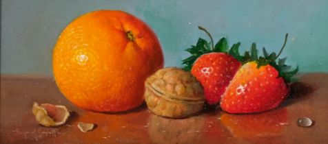 Raymond Campbell, fruits and nut, oil on board, signed, 20cm x 10cm, framed Very good condition
