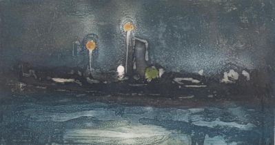 Arthur Freeman, vessel at night, etching, signed in pencil, artist's proof, plate 13cm x 25cm,