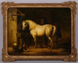 Horses and poultry in the stable, contemporary oil on panel, signed Peto, 30cm x 40cm, framed Good