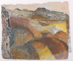 Sutton, acrylic and watercolour on paper, Rainy Hills, signed “Sutton 2002”, 53cm x 62cm, mounted,