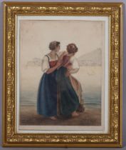 *DESCRIPTION AMENDMENT* 2 girls looking over an Italian harbour, *Mola Di Gaeta*, dated 1827?, 21cm