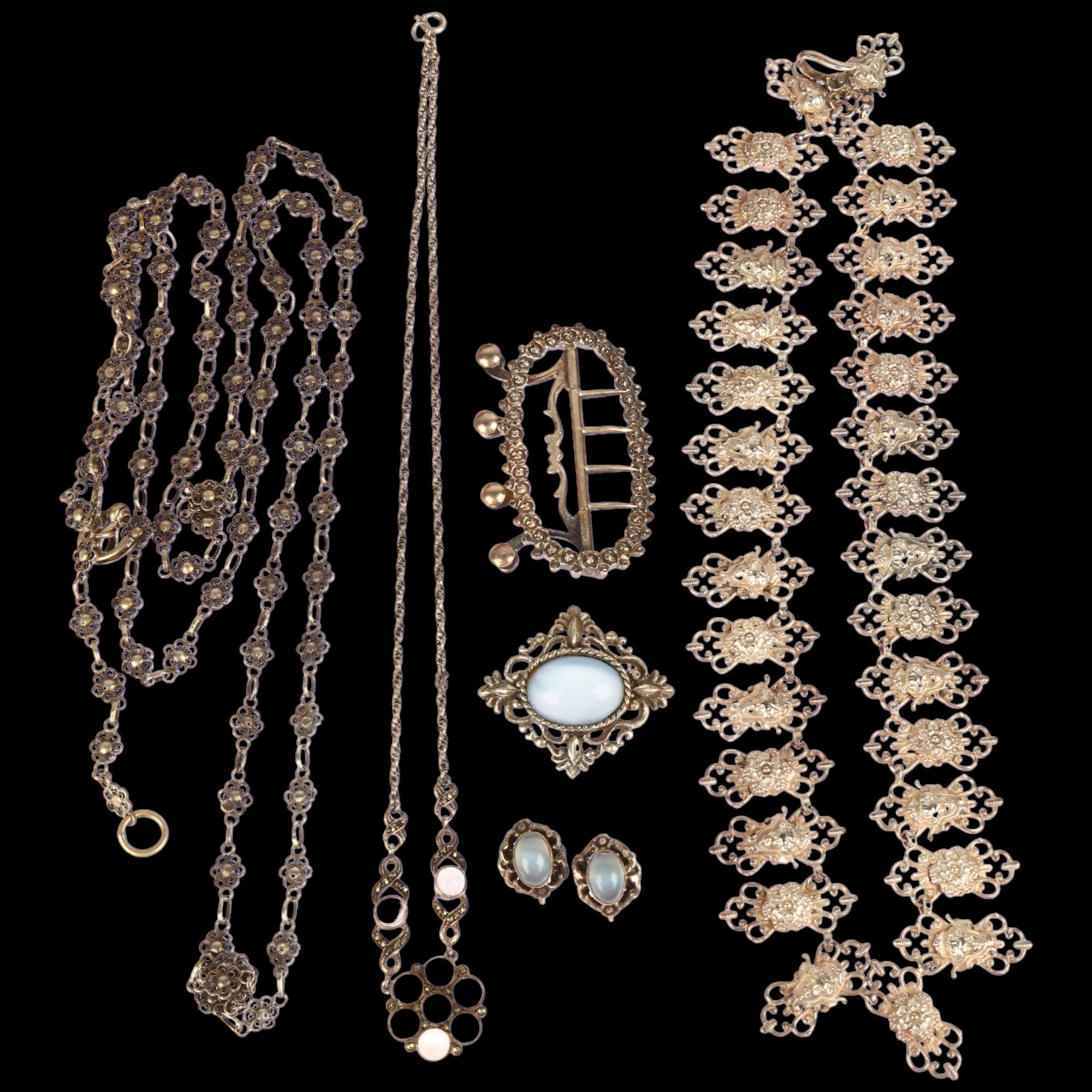 Various jewellery, including unmarked silver cameo fringe necklace, Georgian silver buckle, Folk Art