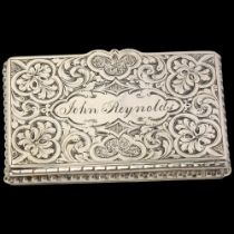 A good quality 19th century silver plated snuffbox, rectangular form with allover engraved foliate