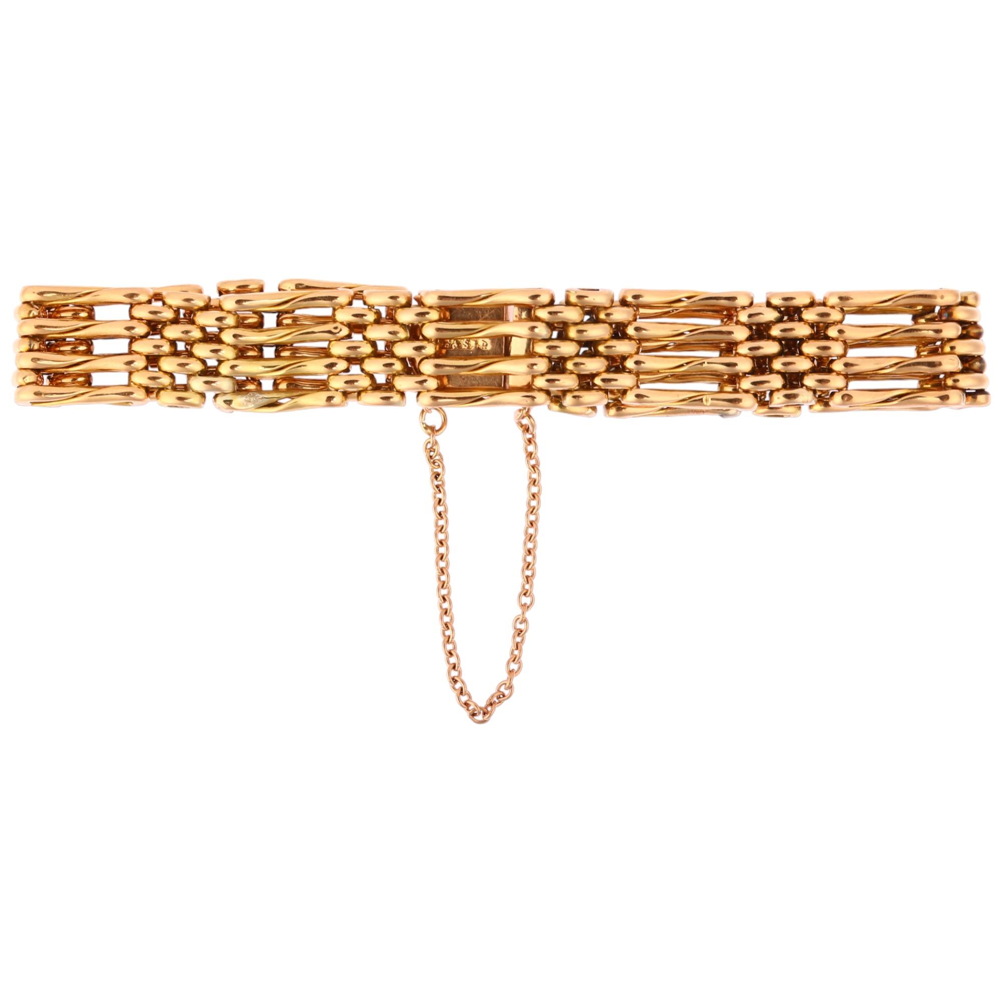 An early 20th century 15ct rose gold gatelink chain bracelet, maker SB&S Ltd, band width 11.6mm,