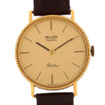 BULER - a Swiss 18ct gold Flatline quartz wristwatch, champagne dial with slimline baton hour