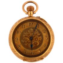 A Swiss 18ct gold open-face keyless fob watch, floral engraved gilt dial with Arabic numerals, blued