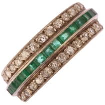 An Art Deco 18ct white gold emerald and diamond triple-row half eternity ring, circa 1925, channel