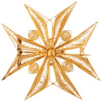 A Maltese 18ct gold Maltese Cross brooch, circa 1900, openwork wirework filigree decoration, 46.4mm,