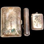 A cased Art Nouveau German 800 silver smoking set, comprising curved cigarette case, Vesta case