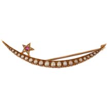 A large Victorian ruby pearl and diamond crescent moon and star brooch, circa 1900, unmarked gold
