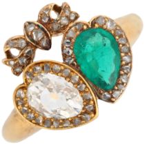 A late Victorian 18ct gold Colombian emerald and diamond twin heart ring, circa 1895, each heart