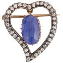 An Edwardian colour-change Sri Lankan sapphire and diamond 'Witch's Heart' brooch, circa 1905, the