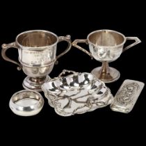 Various silver, including small sterling dressing table dish, golf trophy cup, etc, 5.8oz total