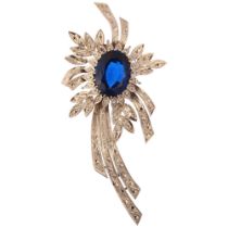 A mid-20th century synthetic blue spinel and diamond floral spray brooch, unmarked 18ct white gold