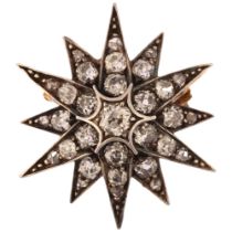 A Victorian diamond starburst brooch, circa 1880, the unmarked gold and silver frame set with old