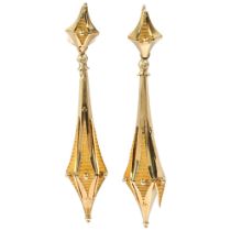 A pair of Regency torpedo drop earrings, circa 1830, unmarked gold settings with hexagonal bulbous