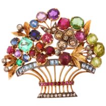 An exceptional tutti-frutti gem set giardinetto floral brooch, circa 1940s, the elaborate basket