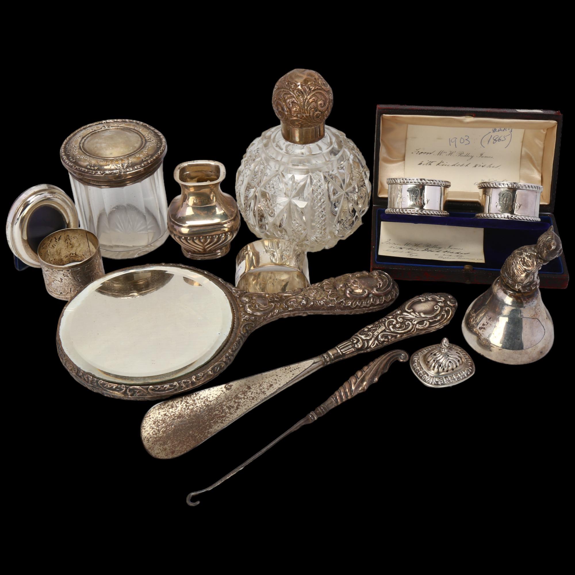 Various silver, including cat bell, dressing table perfume jar, dressing table hand mirror etc Lot